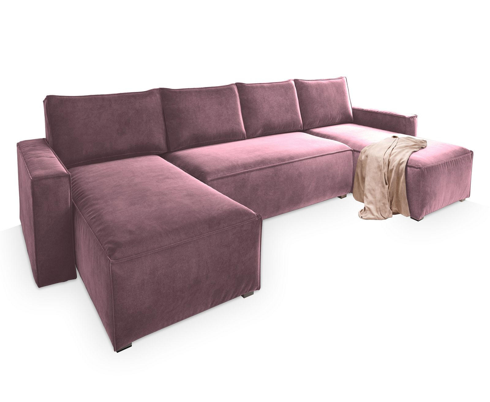 WOHNLANDSCHAFT DENI Lila Velours-Stoff mit Schlaffunktion - Lila, Holz (295/85/140cm) - MASSENO