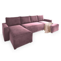 WOHNLANDSCHAFT DENI Lila Velours-Stoff mit Schlaffunktion - Lila, Holz (295/85/140cm) - MASSENO