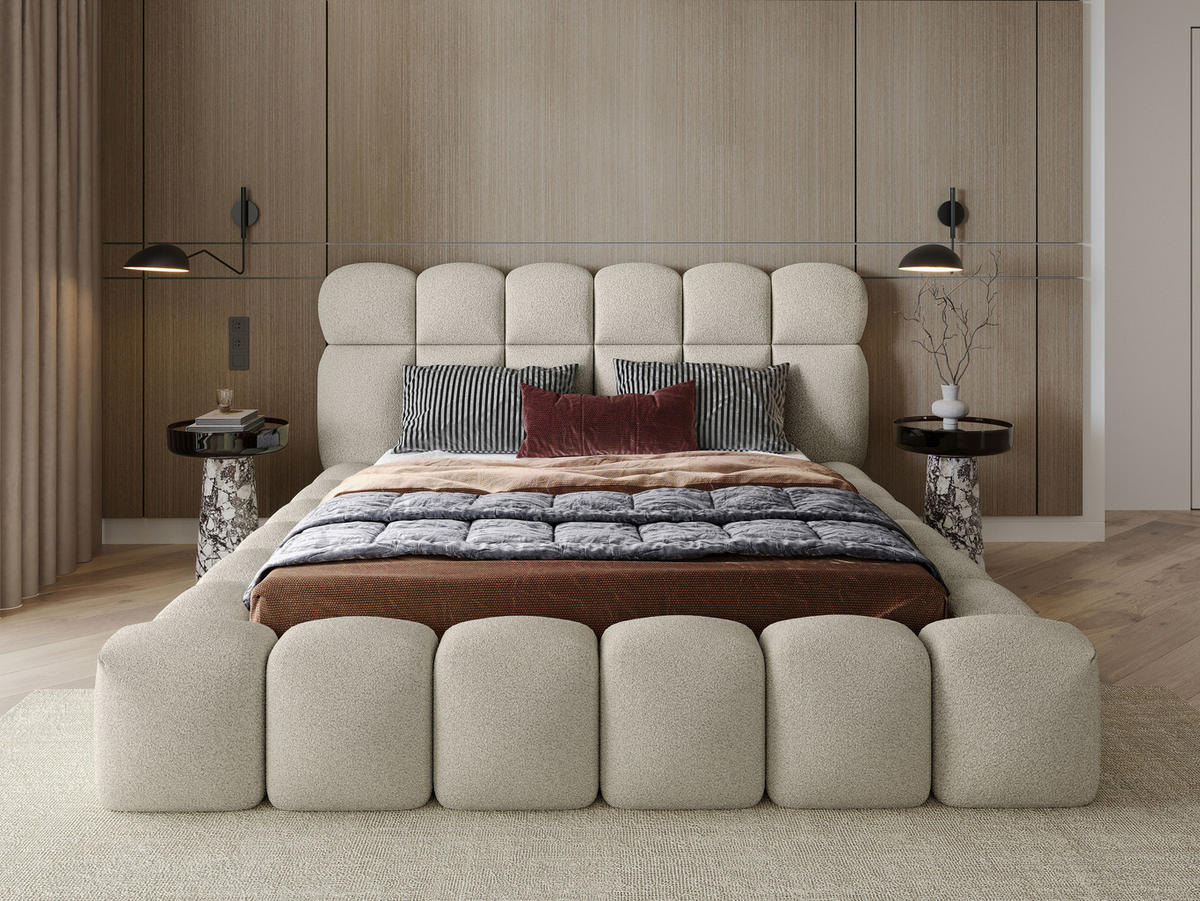 POLSTERBETT Mira XL Hellbeige 180/200 cm Boucle mit Bettkasten - Champagner, Textil/Metall (180/200cm) - wonello