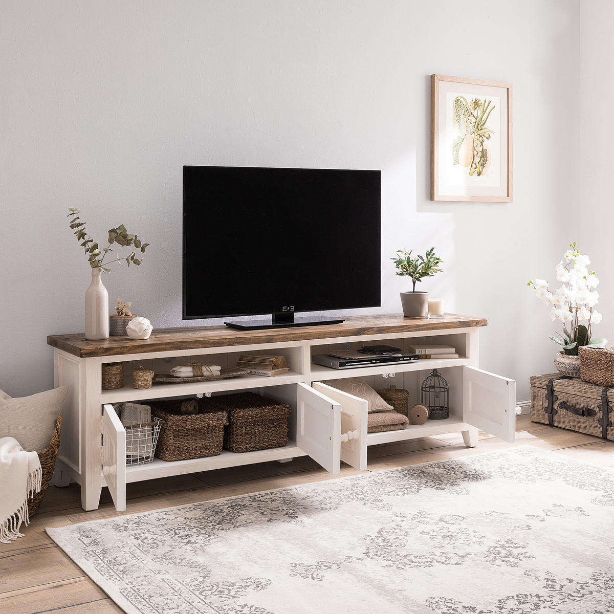 TV-LOWBOARD - Kiefer massiv, Kiefer Weiß - Weiß, Holz (196/60/42cm) - home24