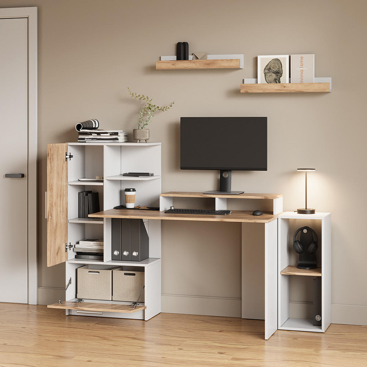 SCHREIBTISCH Lorena Weiß/Goldkraft Eiche 150 x 120.1 cm mit 2 Türen - Honigeiche/Weiß, Holzwerkstoff (59.3/150/120.1cm) - Livinity®
