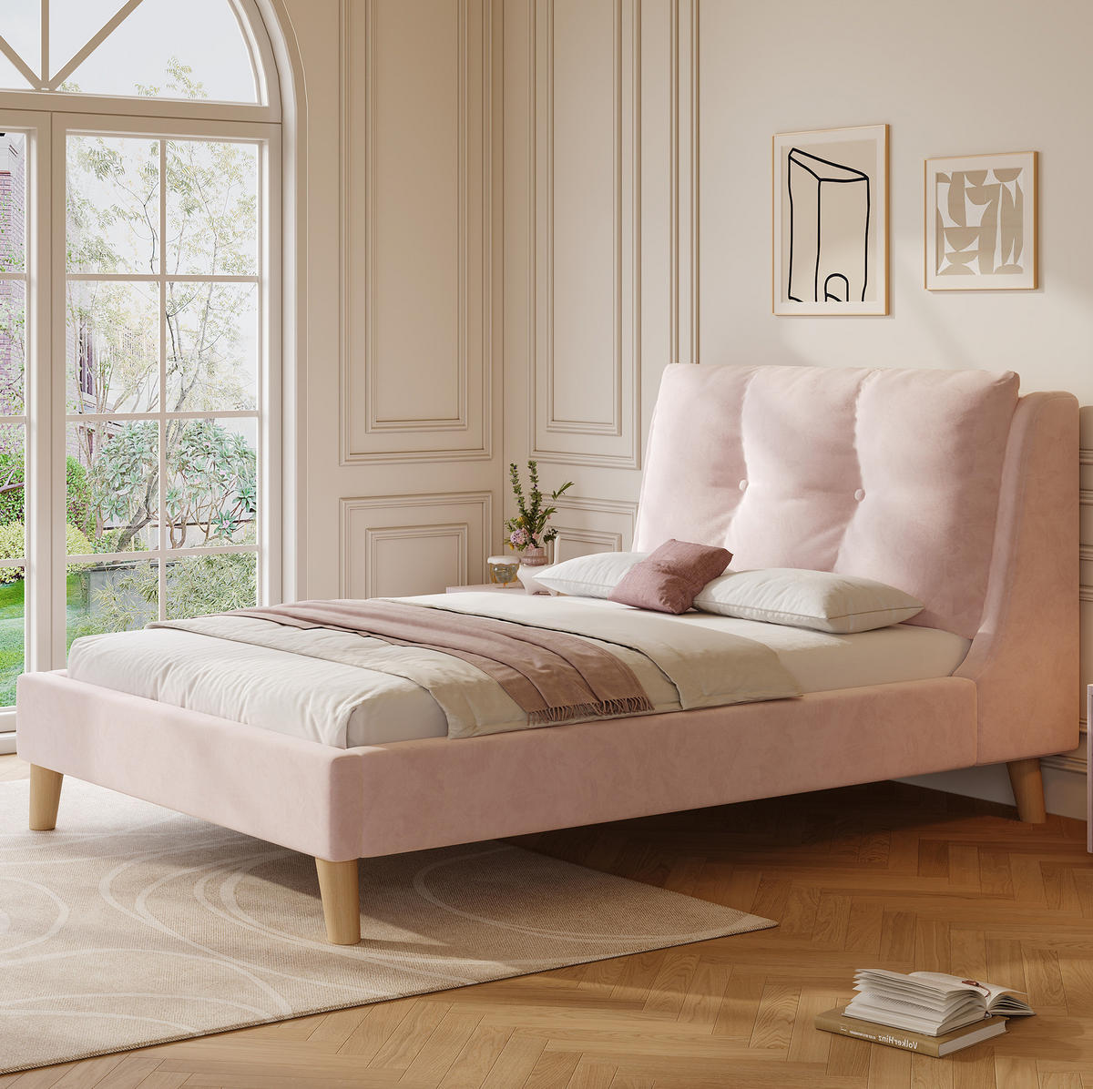POLSTERBETT aus Samt 90x200 cm in Rosa mit Lattenrost & Stauraum - Rosa, Textil (90/200cm) - Modfu