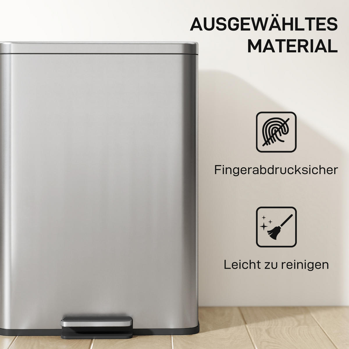 MÜLLEIMER 20 L Treteimer mit Softclose-Deckel, Pedal, Abfalleimer mit Inneneimer - Silberfarben, Metall (30.6/44.2/34.2cm) - HOMCOM