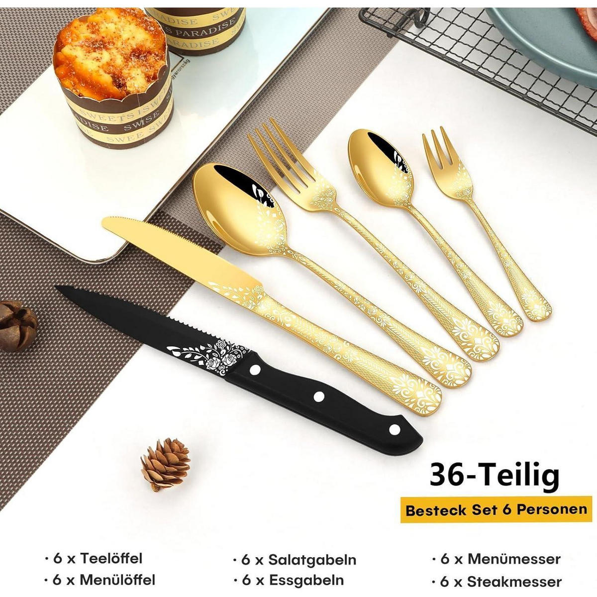BESTECKSET 36-teilig Gold für 6 Personen mit Steakmessern - Goldfarben, Metall