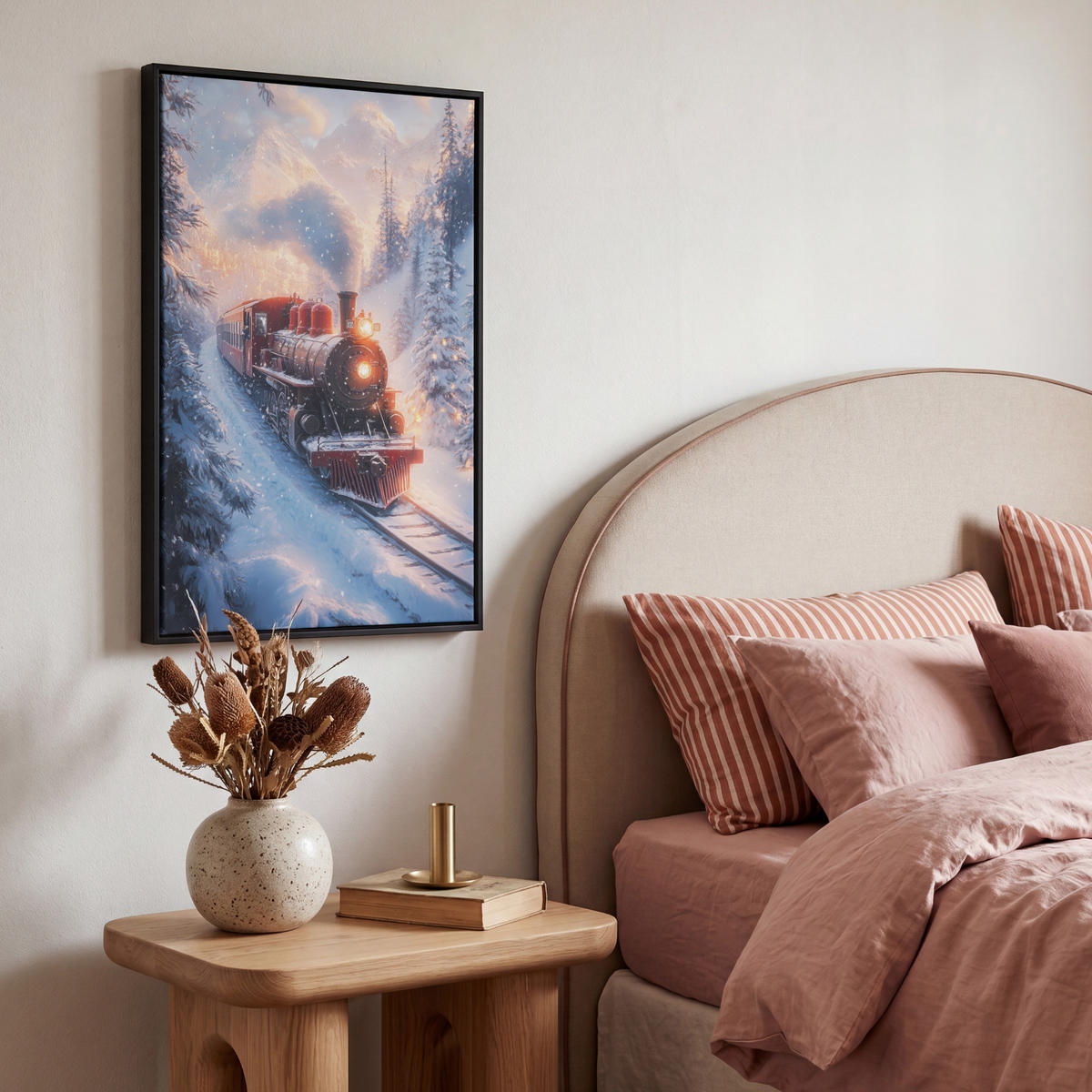 LEINWAND Bilder mit Rahmen - Weihnachtszug - Schnee - Winter - Weihnachten - 40x60 - Dunkelrot, Textil (40/60cm) - MuchoWow