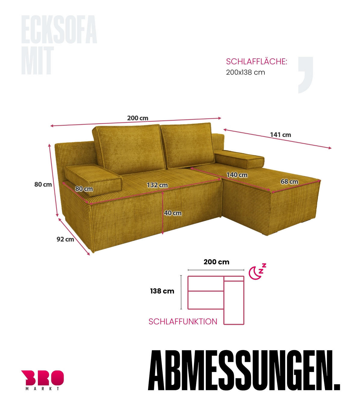 ECKSOFA Caspar mit Schlaffunktion Gelb Cord - Gelb, Textil (200/141cm) - Bromarkt