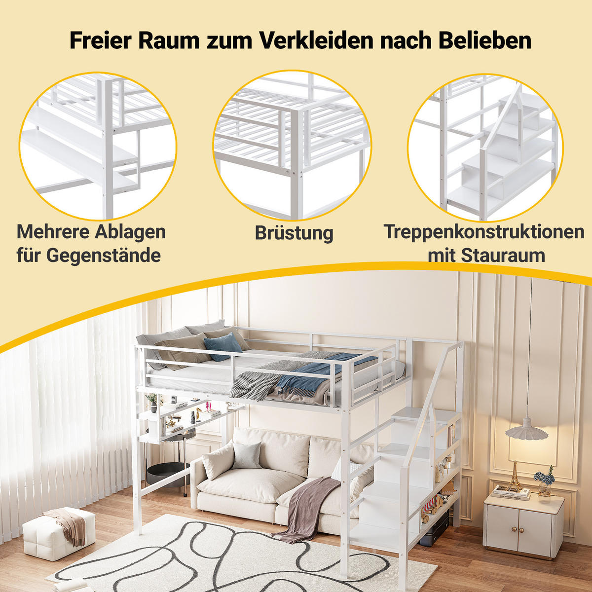 HOCHBETT Weiß 255/145/160 cm - Weiß, Metall - Urban Meuble