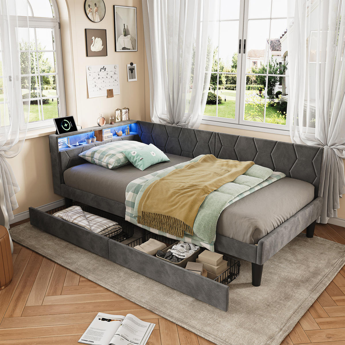 POLSTERBETT 90x200 cm, Stauraumkopf mit Ablagen, 2 Schubladen, LED und USB, Samt in Grau - Grau, Holz (90/200cm) - BRILVERDE