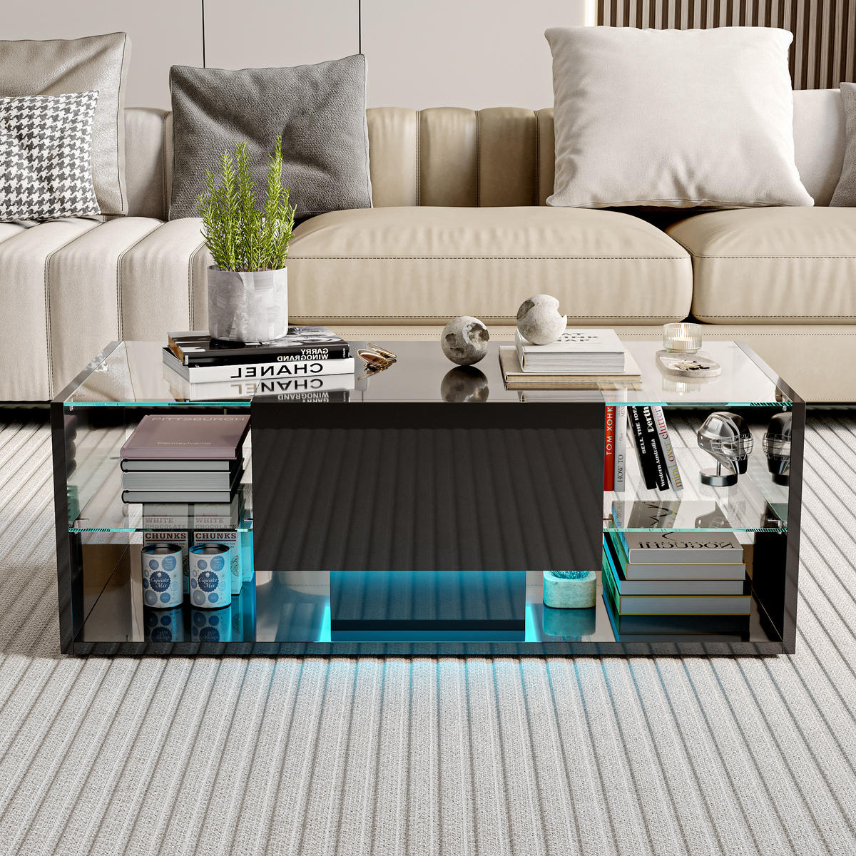 COUCHTISCH mit LED, Hochglanz Wohnzimmertisch, Schwarz 100x50x35 cm - Schwarz, Holz (50/100/35cm)