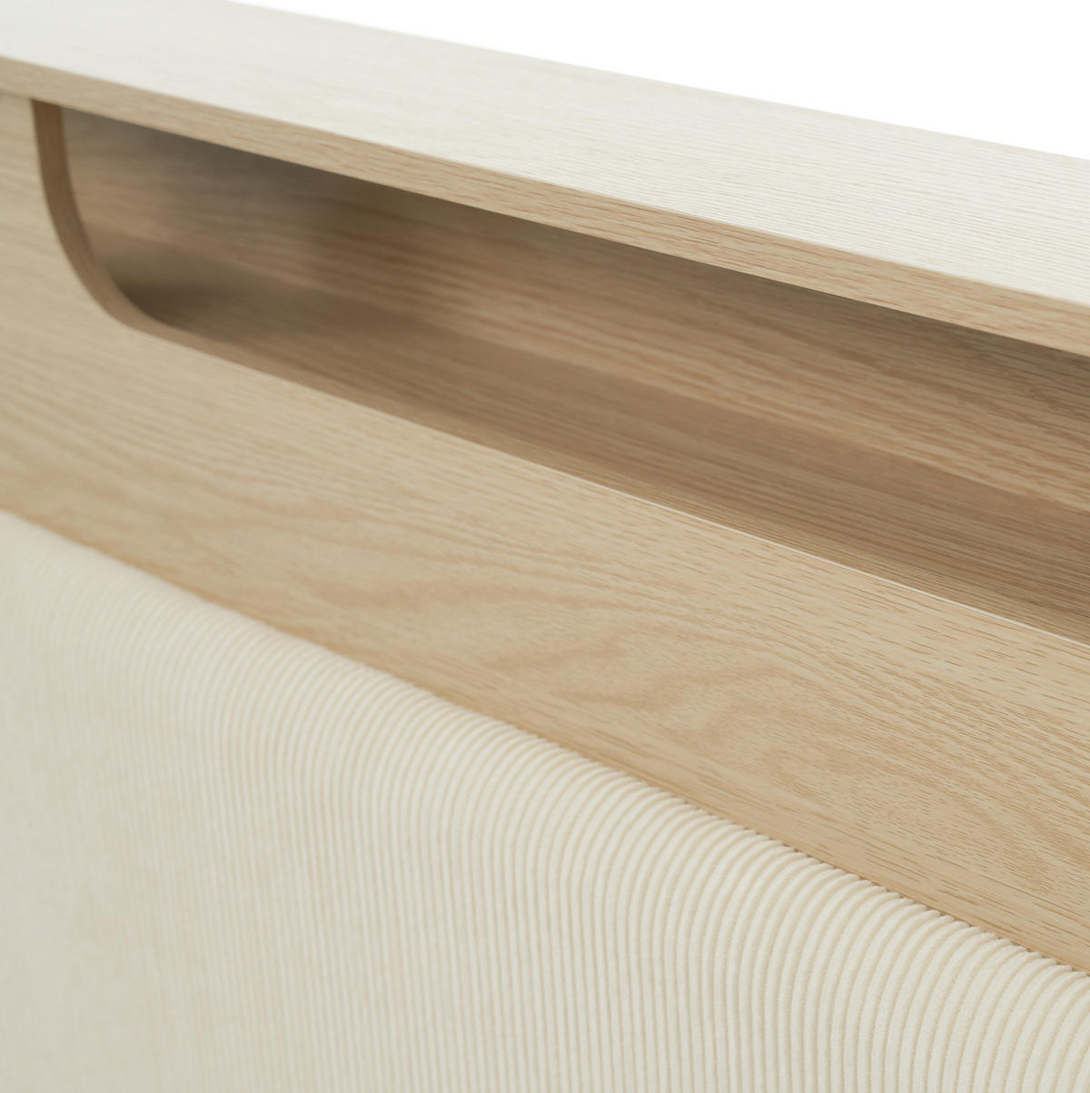 POSTELJA z okvirjem iz lesa in MDF 160x200 cm v barvi hrasta in bež s kordurojskim vzglavjem, LED osvetlitvijo in prostorom za shranjevanje - bež, tekstil (160/200cm) - Modfu