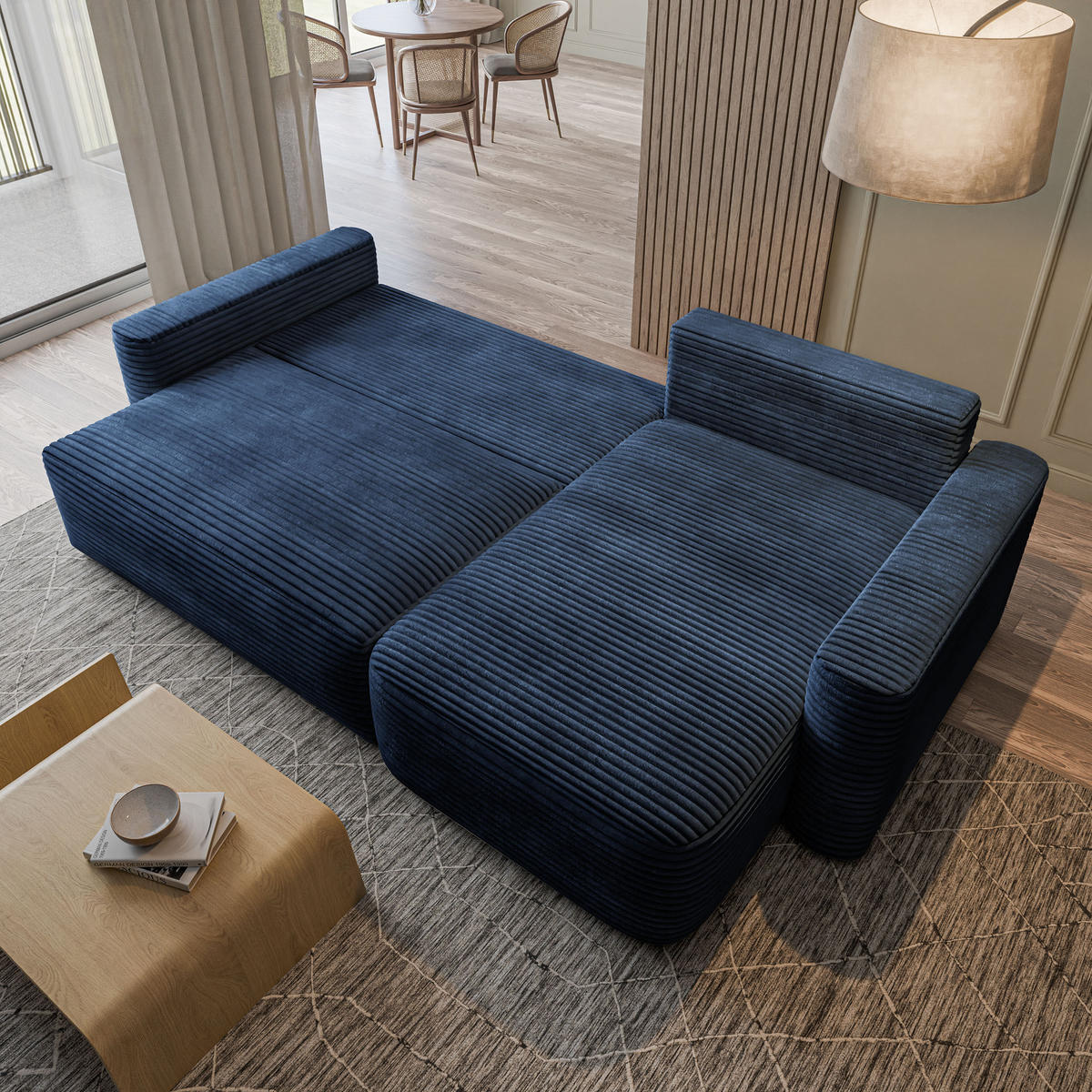 ECKSOFA NERI T Blau Kordstoff mit Schlaffunktion - Blau, Holzwerkstoff/Textil (280/157cm) - MASSENO