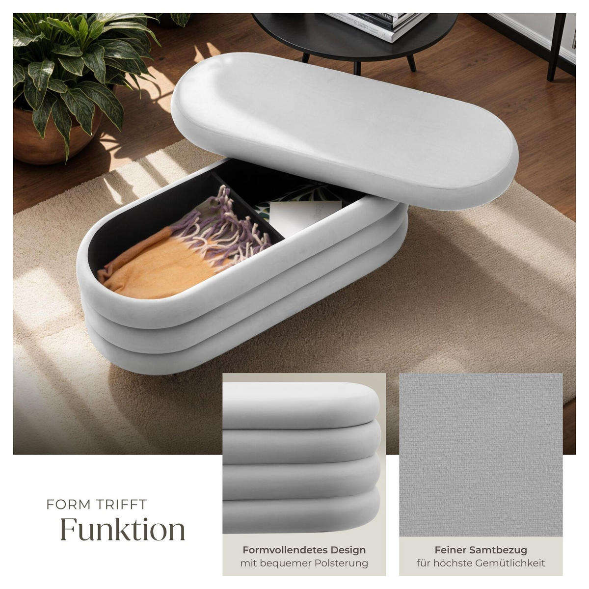 TRUHENBANK Altu,110 x 45 x 42 cm,Samtoptik grau - Samtahornfarben, Holz (110/42/45cm) - tectake