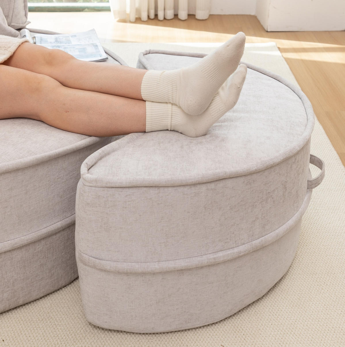SESSEL rund mit Ottomane 121 x 107 cm Chenille Grey - Grau, Kunststoff (121/66/163cm) - Meubliv