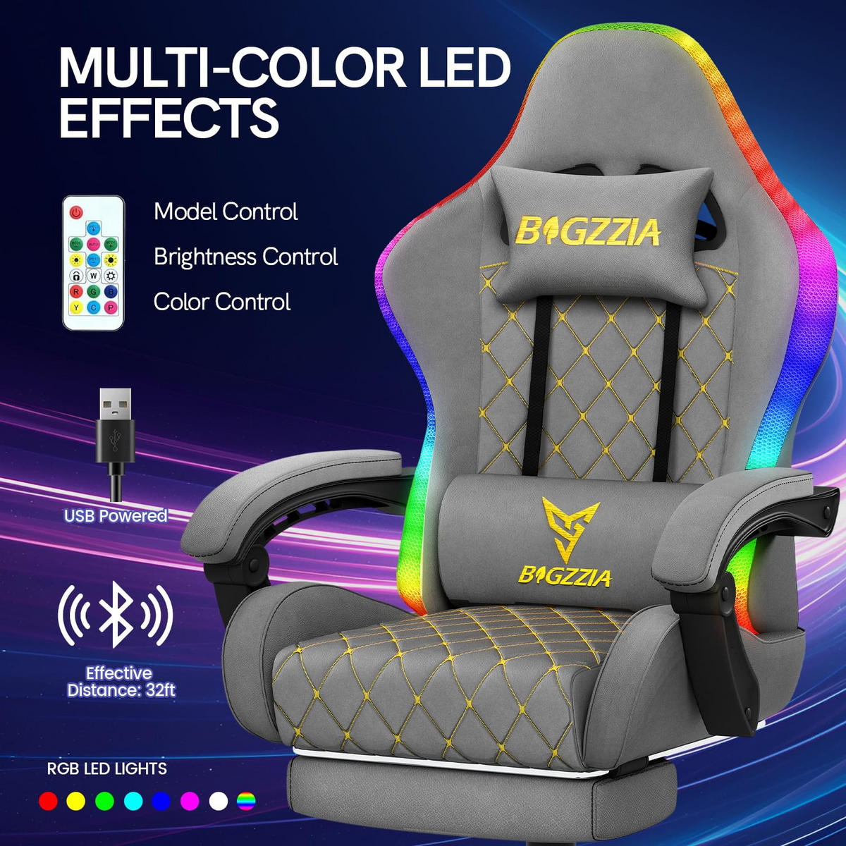 GAMINGSTUHL Grau,mit RGB LED, Ergonomisch, Verstellbar, PU-Leder - Grau, Metall (81/54/26cm) - Rattrix