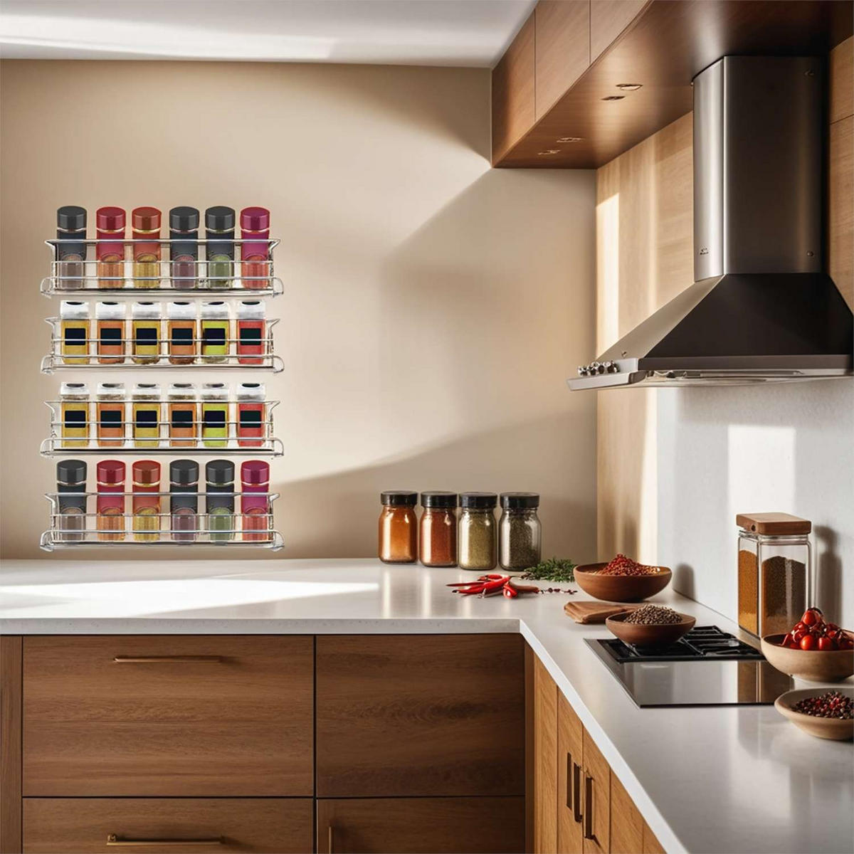 GEWÜRZREGAL-Set mit selbstklebenden Haken - Silberfarben, Metall (6.2/6.8/29.2cm) - Intirilife