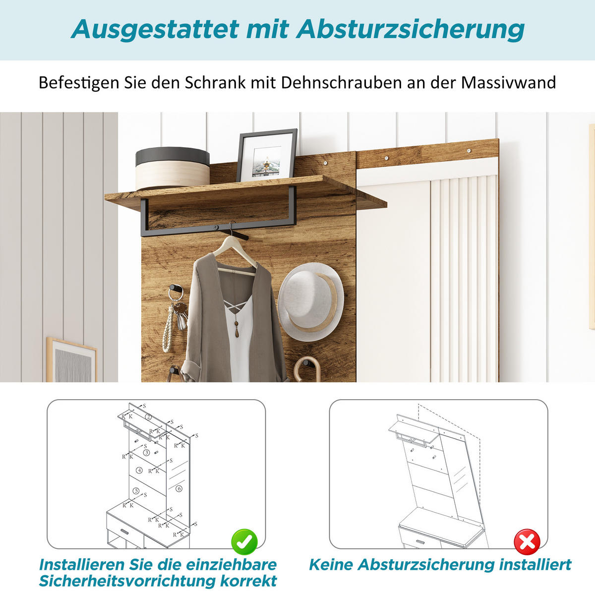 GARDEROBENSET Holzoptik Eiche mit Spiegel & Schuhbank - Eiche San Remo, Holzwerkstoff (104/190/39cm) - Urban Meuble