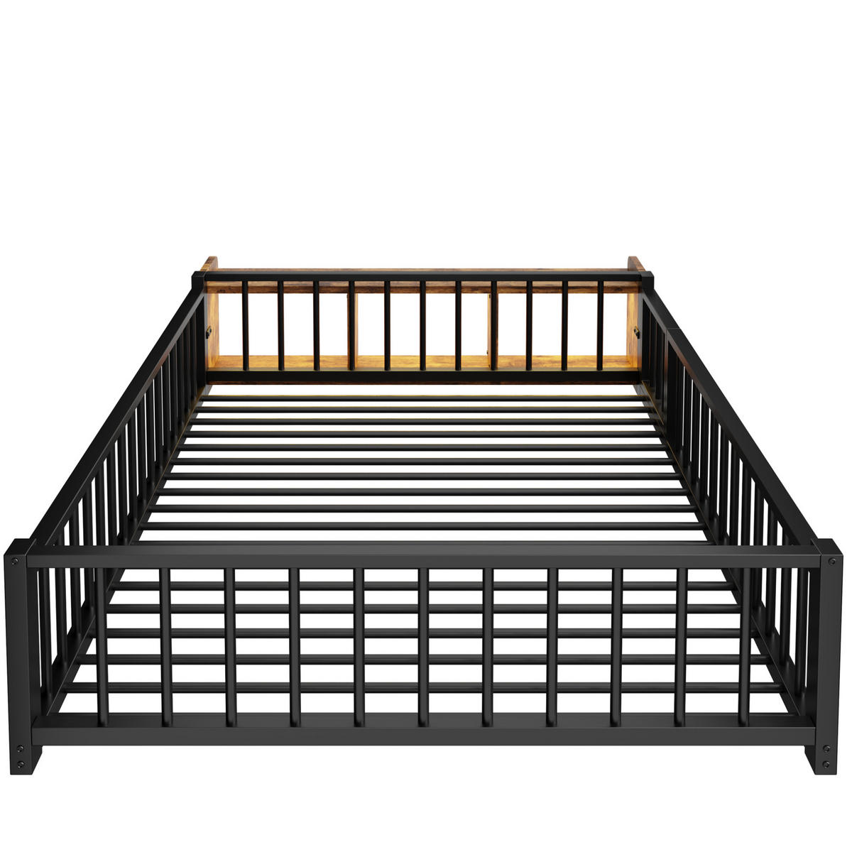 KINDERBETT 140/200 cm aus Metall mit Schutzgeländer und offenem Staufach - Schwarz, Holzwerkstoff (140/200cm) - BEAOK