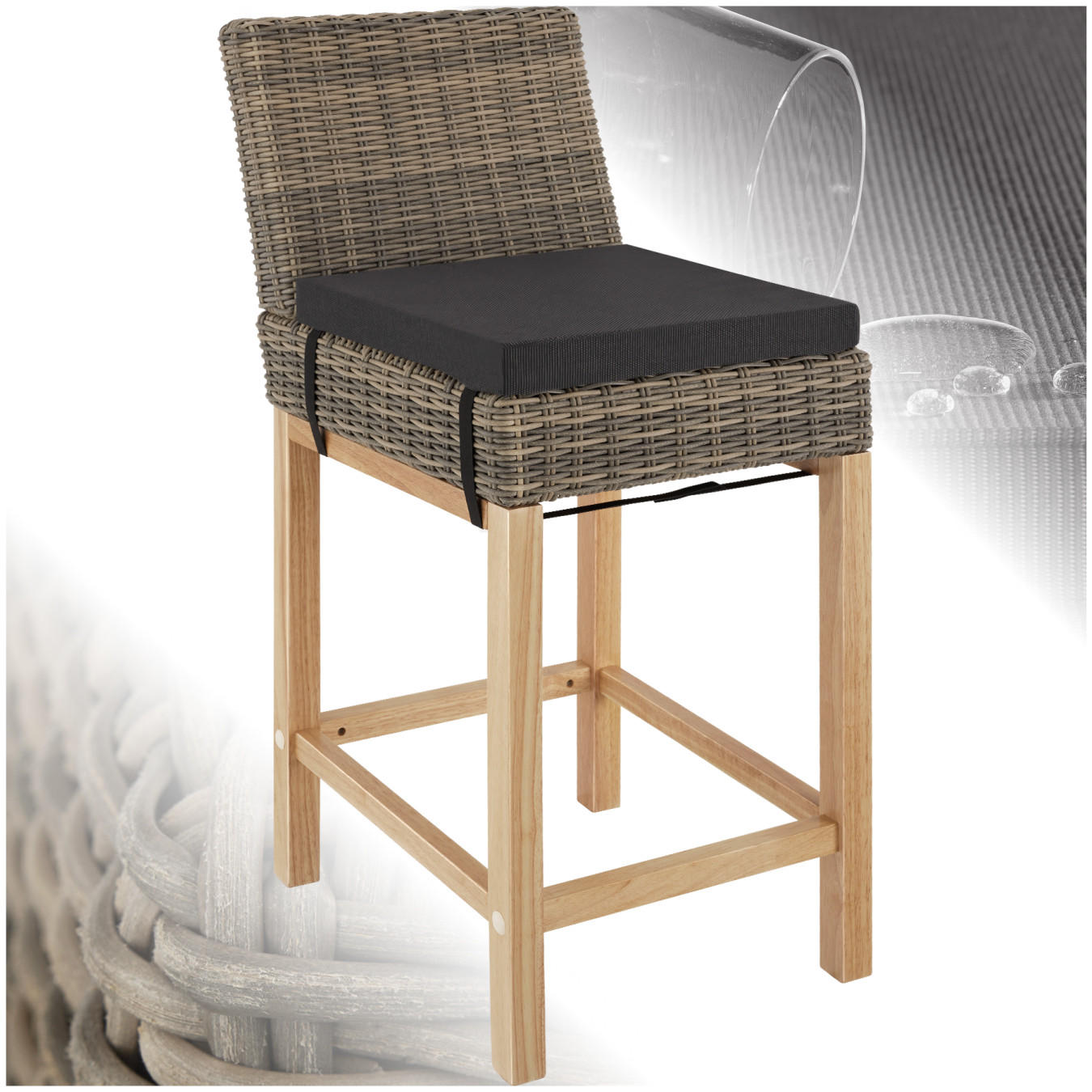 RATTAN-BARSTUHL Latina,inklusive Sitzpolster, 45 x 62,5 x 99 cm,natur - Naturfarben, Kunststoff (45/99/62.5cm) - tectake