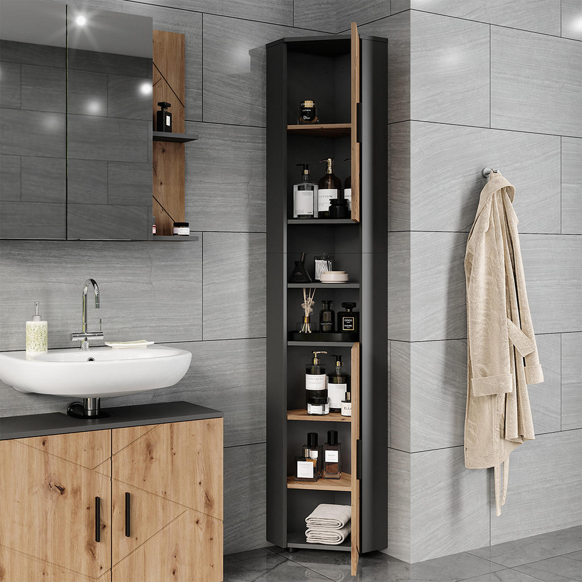 HOCHSCHRANK Irma Anthrazit/Artisan 33 x 192 cm mit 2 Türen - Anthrazit/Eiche Artisan, Holzwerkstoff (33/192/33cm) - Vicco