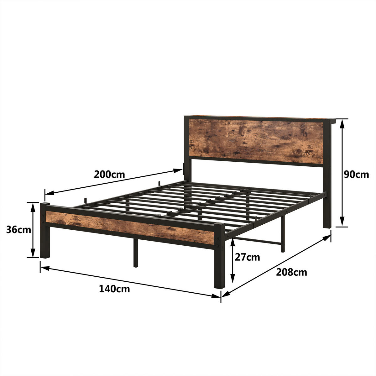 METALLBETT 140x200 cm Stauraum Kopfteil braun - Dunkelbraun, Holzwerkstoff (140/200cm) - LEBENLANG