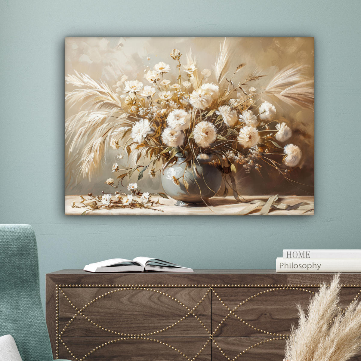LEINWANDBILD Blumen - Vase - Stilleben - Beige Wandbilder 80x60 cm - Creme, Textil (80/60cm) - MuchoWow