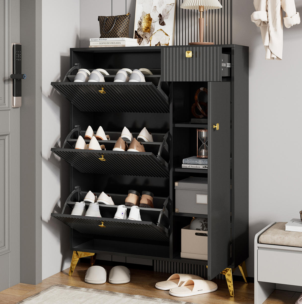 SCHUHSCHRANK 90/121/25 cm Schwarz aus Spanplatte und Metall mit Stauraum - Schwarz, Holzwerkstoff (90/121/25cm) - OKMYHOME