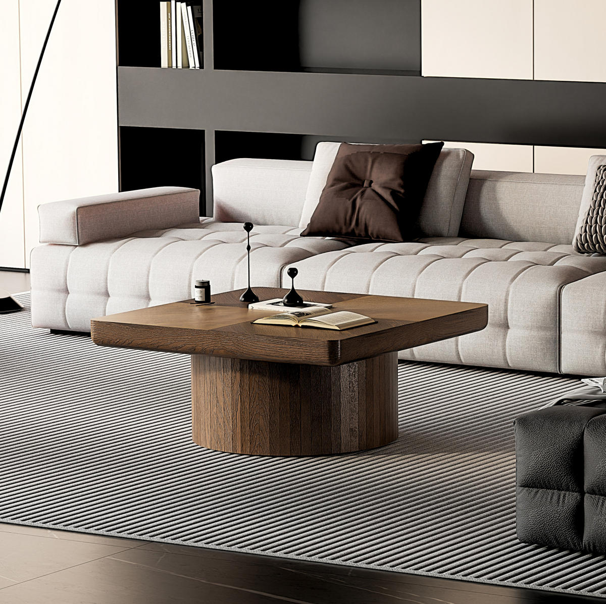COUCHTISCH 78/78/38 cm walnuss aus Massivholz und MDF mit Parquet-Design und zylindrischem Sockel - Walnussfarben, Holz (78/78/38cm) - OKWISH