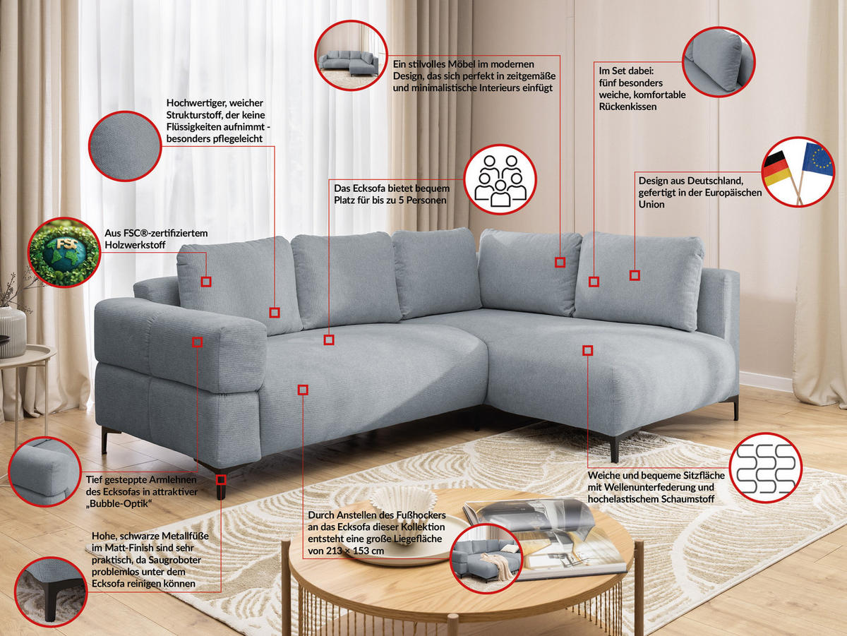 ECKSOFA inkl. Hocker Cardea mit Schlaffunktion in Bubble-Optik aus weichem Grau Strukturstoff und hohem Sitzkomfort - Ottomane rechts - Schwarz/Grau, Holz/Textil (230/170cm) - S-Style Möbel