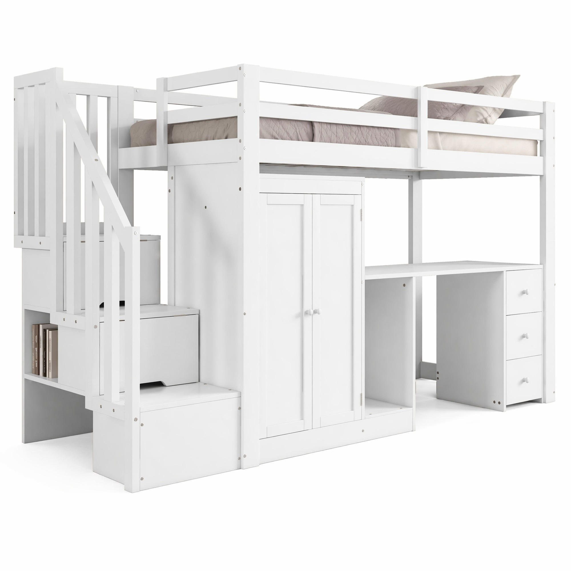 HOCHBETT 90/200 cm Weiß aus Kiefernholz und MDF mit Schreibtisch und Stauraum - Weiß, Holzwerkstoff (90/200cm) - OKMYHOME