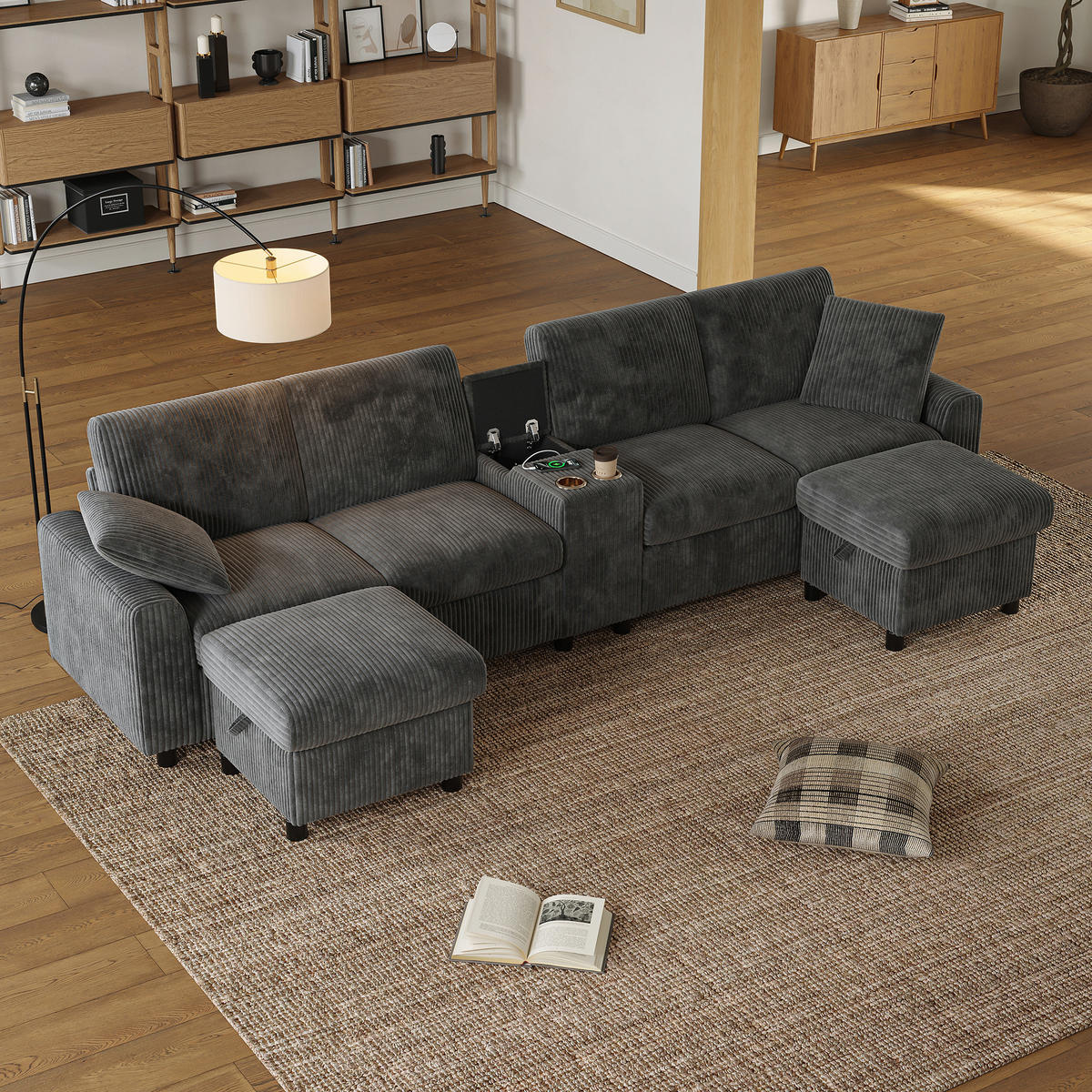 WOHNLANDSCHAFT 315/135/81 cm Grau mit 2 Fußhocker mit Stauraum und 1 Couchtisch - Grau, Textil (315/81/135cm) - Oxeza