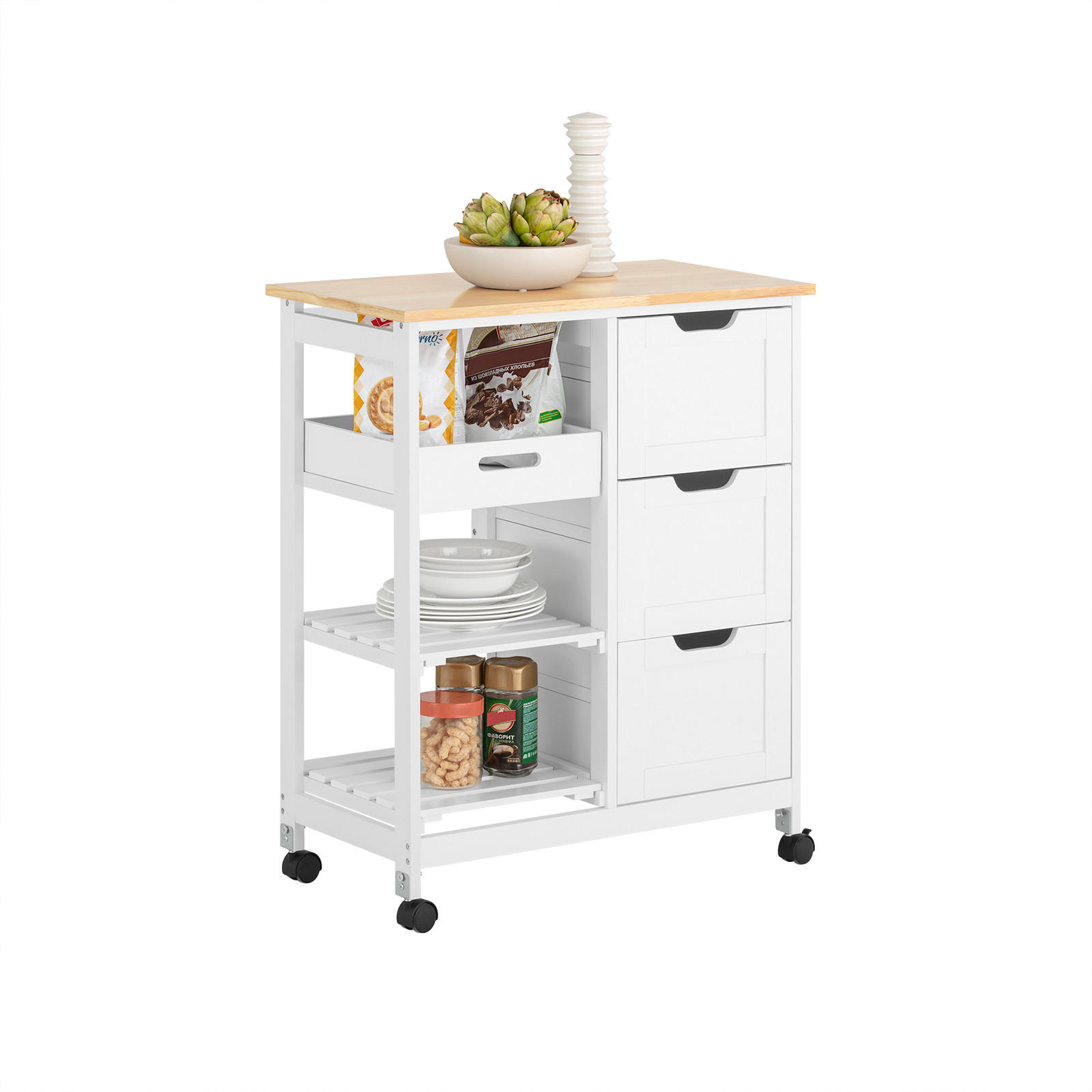 SERVIERWAGEN mit Rollen, Weiß, 68x85x38cm, bis 50kg - Weiß, Holzwerkstoff (68/85/38cm) - SoBuy