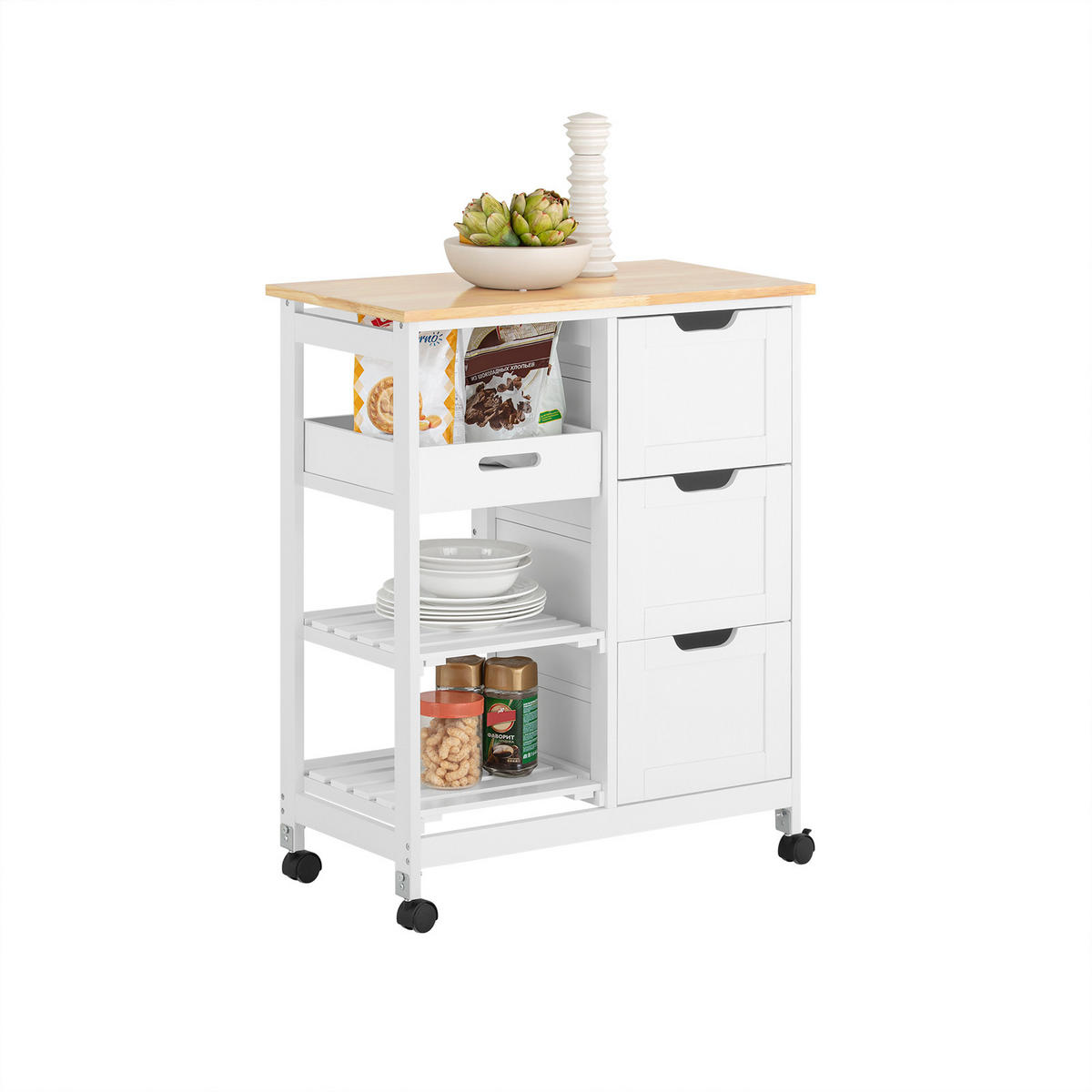 SERVIERWAGEN mit Rollen, Weiß, 68x85x38cm, bis 50kg - Weiß, Holzwerkstoff (68/85/38cm) - SoBuy