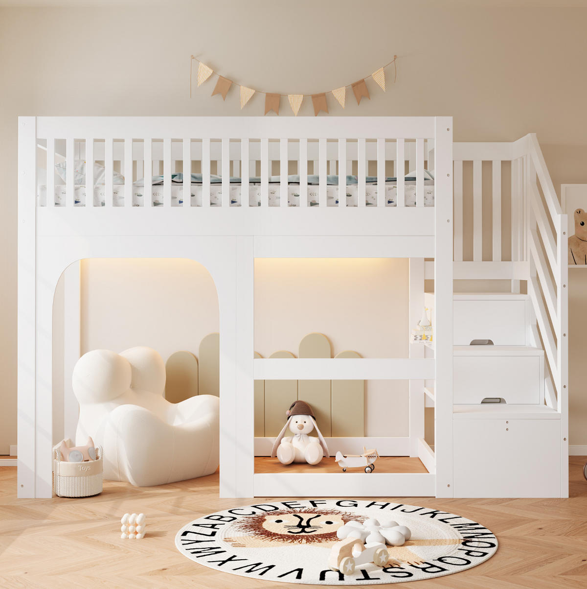HOCHBETT aus Kiefernholz, Sperrholz und MDF 90x200 cm Weiß mit Stauraumtreppe, LED-Beleuchtung und Sicherheitsgeländern - Weiß, Holz (90/200cm) - Modfu