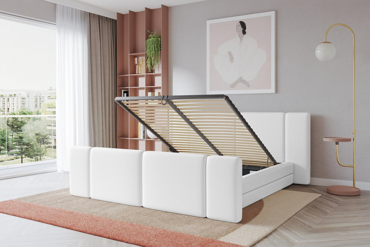 POLSTERBETT mit Bettkasten, Fußteil und Lattenrost, Bett mit Matratze H3/H4 - TEVO-Z 140x200 Weiß - Weiß Hochglanz, Holzwerkstoff/Textil (140/200cm) - ALTDECOR