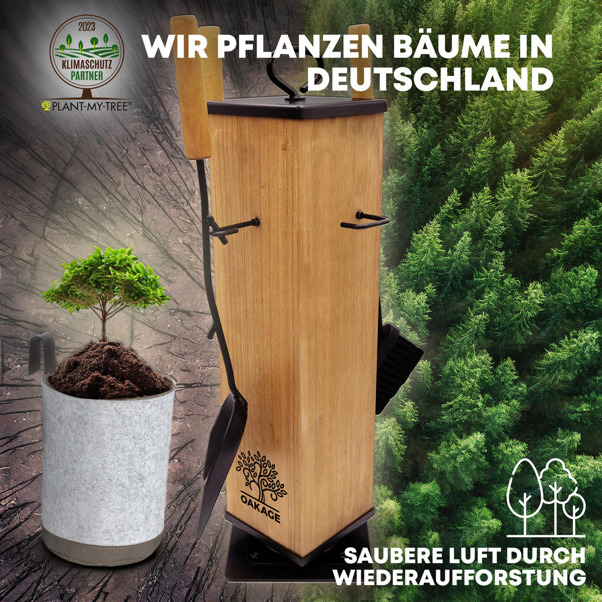 KAMINBESTECK FireMaster mit Zündholzkorb aus Filz - Hellgrau, Holz/Kunststoff (18/58/18cm) - OAKAGE