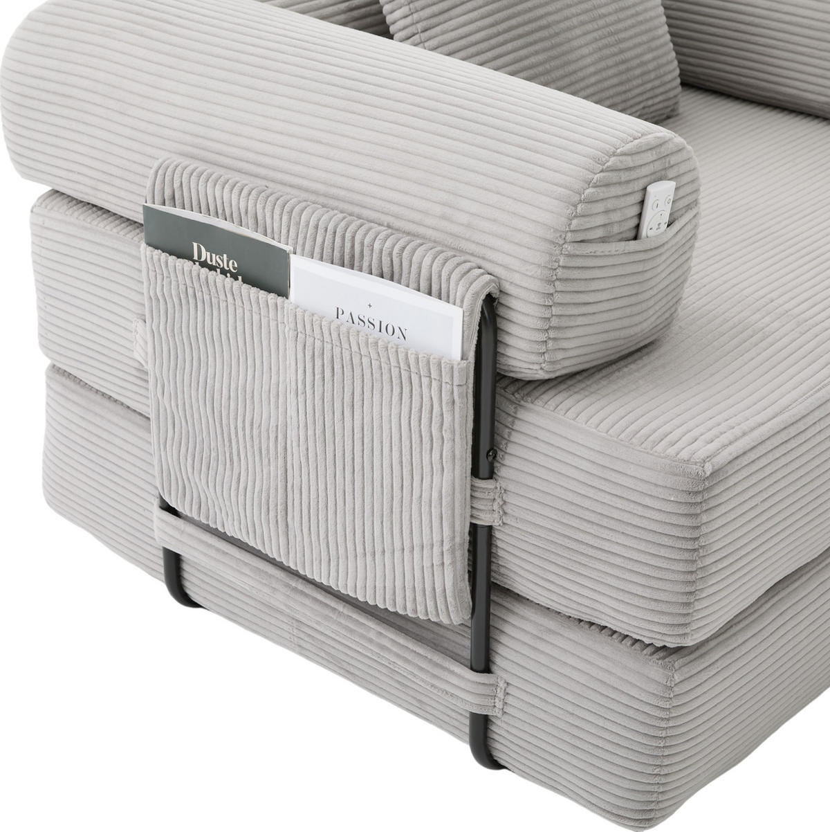 ECKSOFA aus Cord 200x190x67 cm Hellgrau frei kombinierbar mit Hocker, 3 Kissen und Seitentasche - Hellgrau, Textil (200/190cm) - Modfu