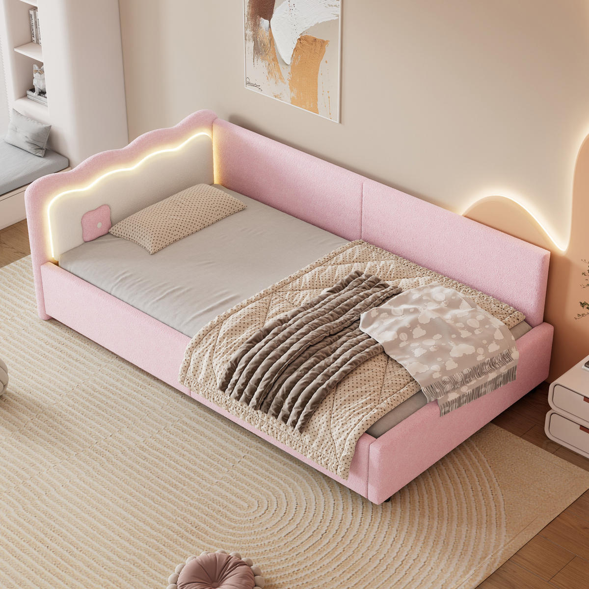 BETT 90/200 cm Rosa aus Vliesimitat und MDF mit LED-Beleuchtung - Rosa, Textil (90/200cm) - OKMYHOME