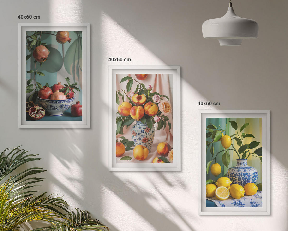 WANDBILDER 3er-Set - 40x60 cm Weißer Rahmen - Granatäpfel, Pfirsiche, Zitronen - Weiß, Kunststoff (40/60cm) - ArtPrintCave