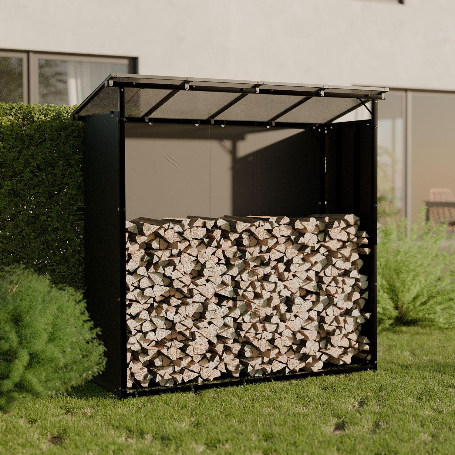 KAMINHOLZREGAL mit Dach - Schwarz, Metall (70/185/185cm) - Juskys