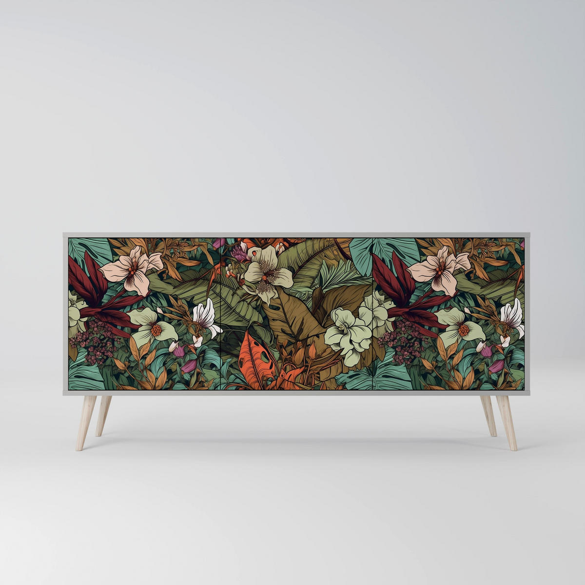 SIDEBOARD BOTANICAL EMERGENCE, Eicheneffekt, 164,5x42x77,5 cm, 3 Türen - Eichefarben/Buchefarben, Holzwerkstoff/Buchenholz (164.5/77.5/42cm) - SpaceRebels