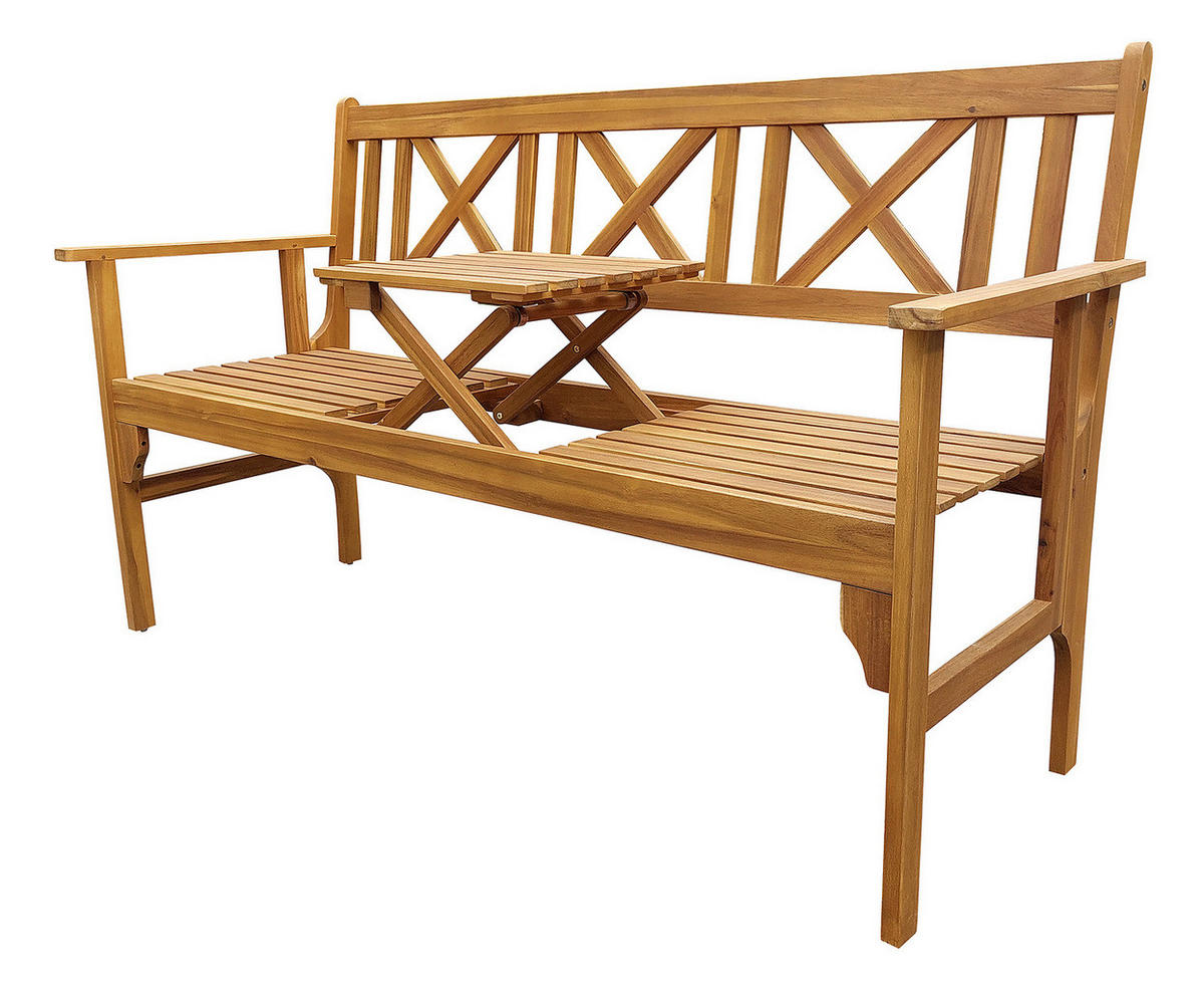 GARTENBANK MIT AUSKLAPPBAREM TISCH - Akazie massiv - Braun - Braun, Holz (150/90/60cm) - home24