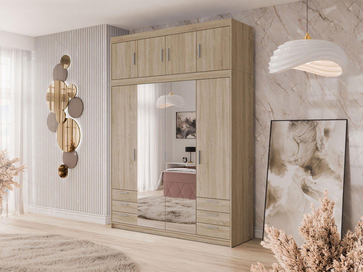 KLEIDERSCHRANK Elena 4D6S + Schrankaufsatz - Silberfarben/Sonoma Eiche, Holzwerkstoff/Kunststoff (177/246/53cm) - MIRJAN24