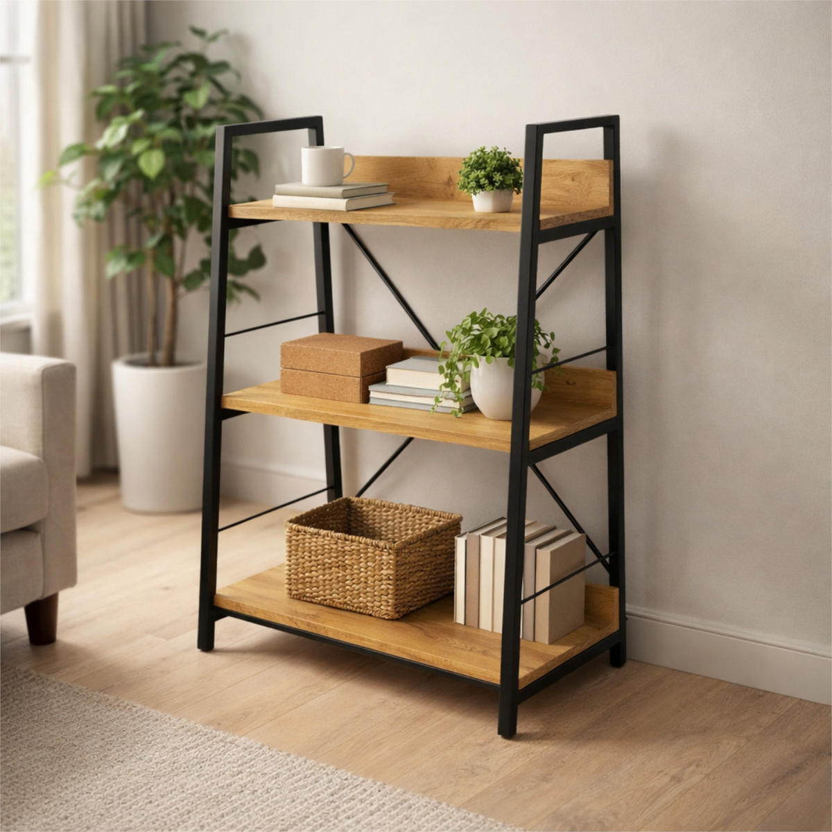 STANDREGAL Holzoptik Metall Eichefarben Schwarz 3 Ebenen 61x35x84 cm - Eichefarben/Schwarz, Holzwerkstoff/Metall (61/84/35cm) - Begryf
