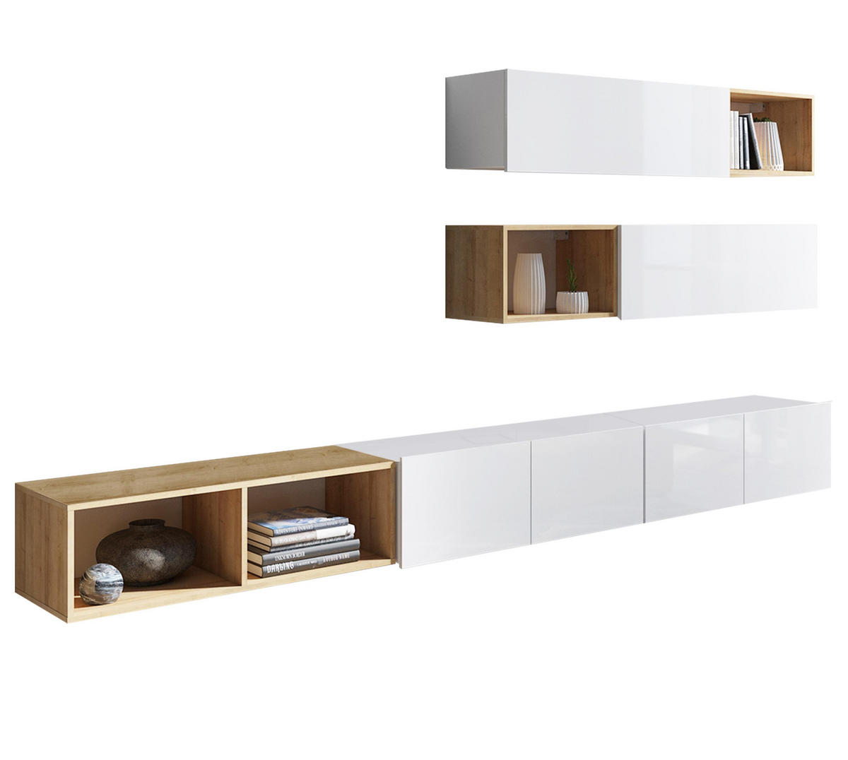 WOHNWAND Kossana 25 Modern Weiß/Goldene Eiche 300/104/43 cm Designmöbel - Weiß, Holzwerkstoff/Kunststoff (300/105/43cm) - AX Living