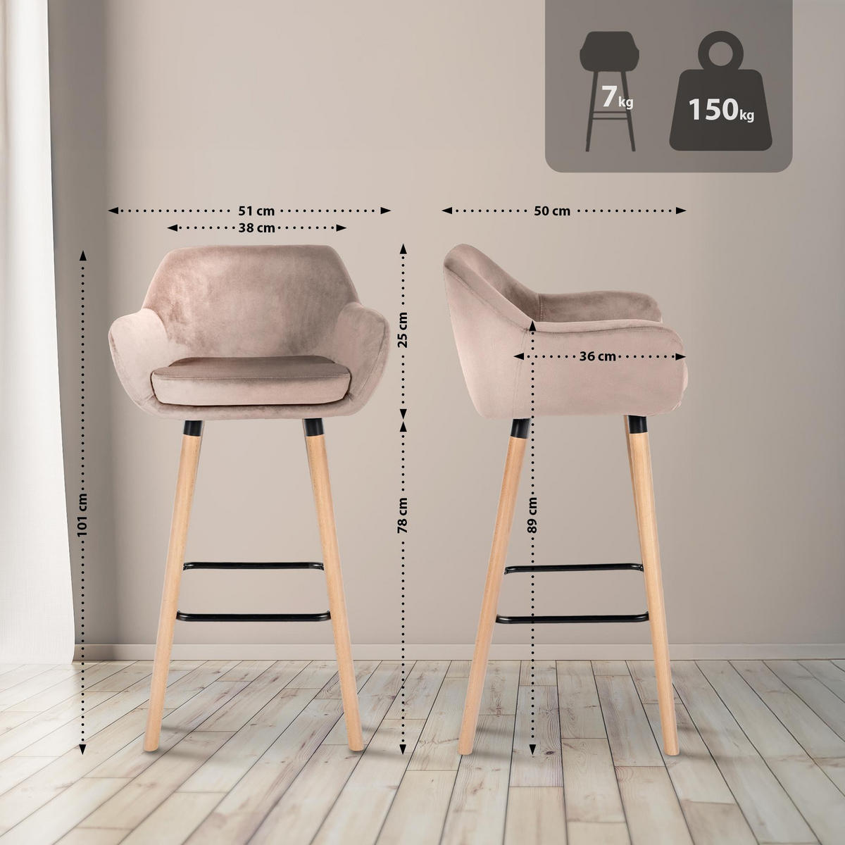 BARHOCKER Samt hellgrau - Eukalyptusholzfarben/Hellgrau, Holz/Textil (51/101/50cm) - CLP