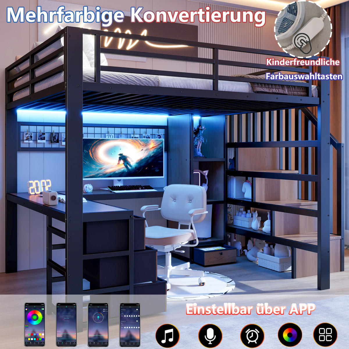 HOCHBETT 140/200 cm in Schwarz mit 4 Schubladen, LED, Schreibtisch und Ablage Metall Kinderbett - Schwarz, Holzwerkstoff/Metall (140/200cm) - STILVORA