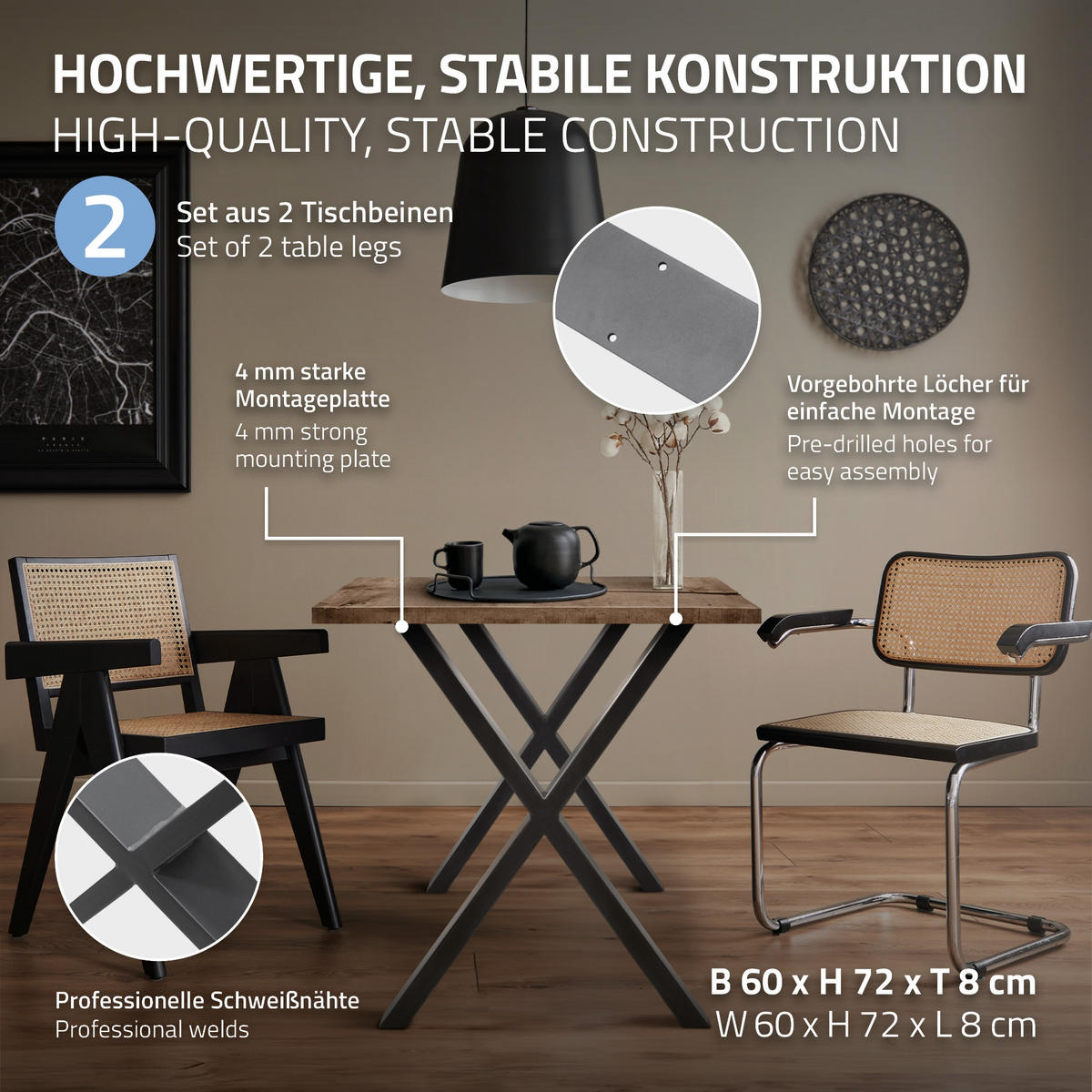 TISCHBEINE 2er Set 60 x 72 cm Anthrazit X-Form - Dunkelgrau, Metall (60/8/72cm) - ECD-Germany