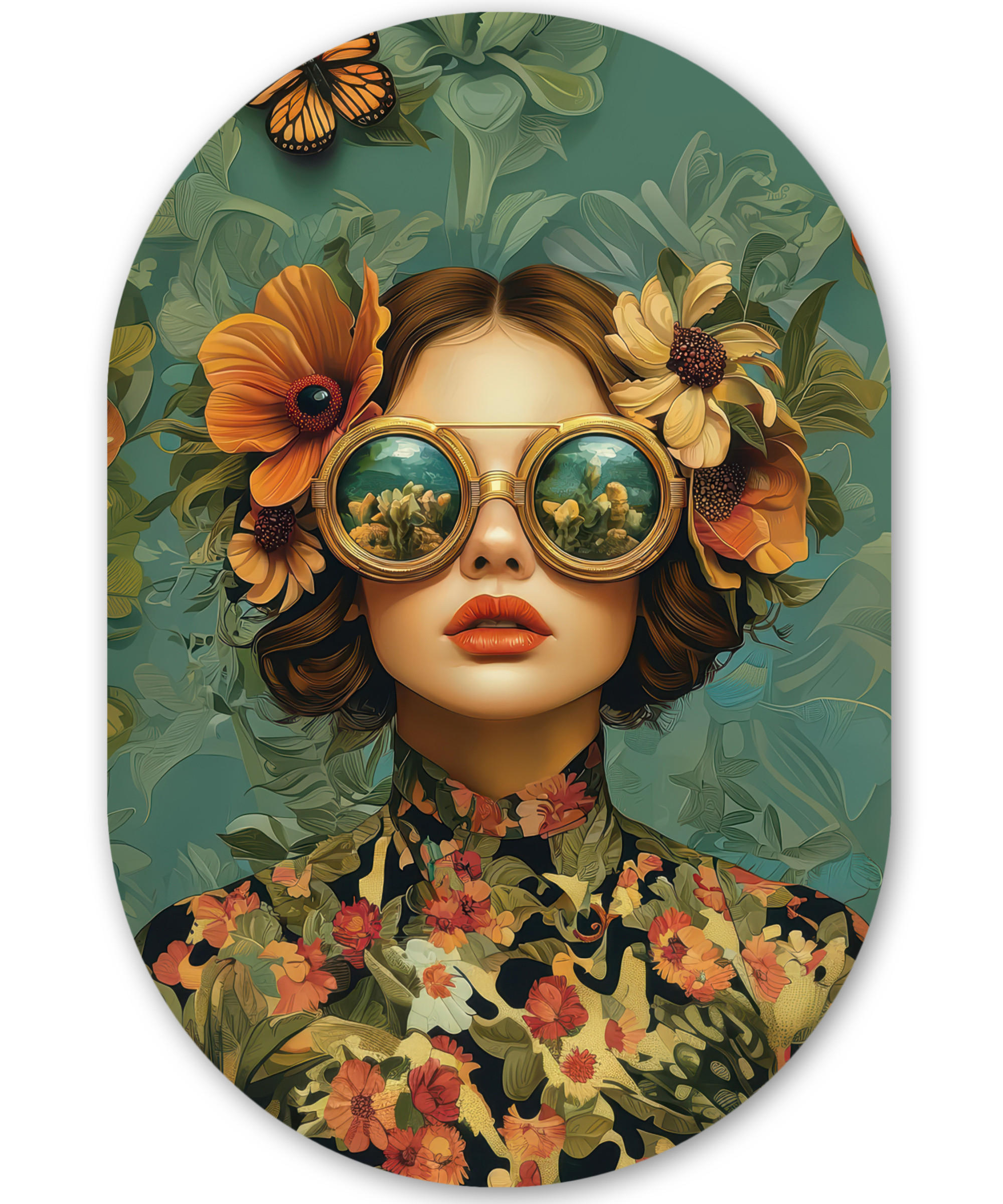 WANDBILD Frau - Blumen - Schmetterlinge - Natur - Vintage 40x60 cm - Petrol, Kunststoff (40/60cm) - MuchoWow