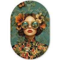 WANDBILD Frau - Blumen - Schmetterlinge - Natur - Vintage 60x90 cm - Petrol, Kunststoff (60/90cm) - MuchoWow