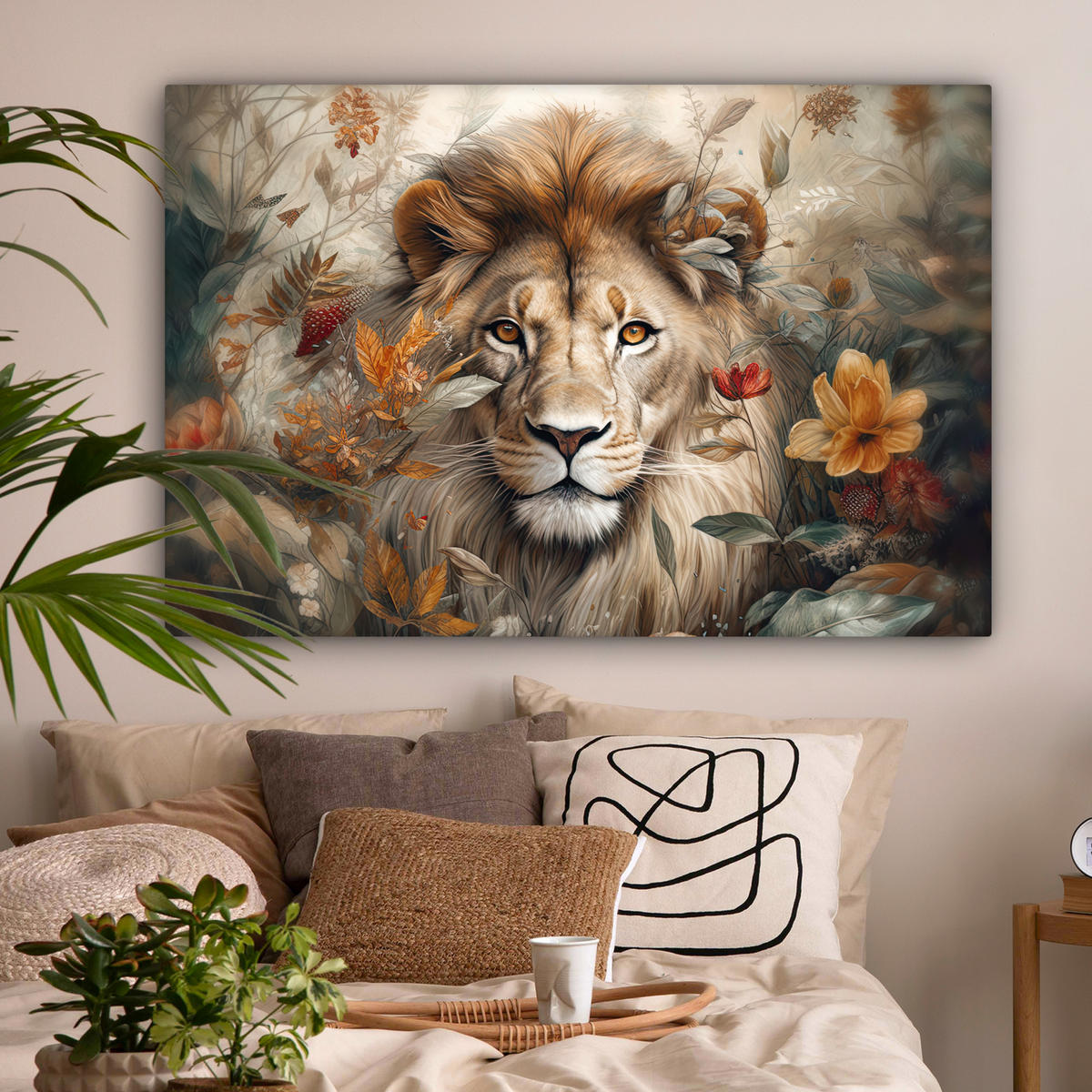 LEINWANDBILD Löwe - Wildtiere - Pflanzen - Natur - Blumen Wohnzimmer Groß 120x80 cm - Beige, Textil (120/80cm) - MuchoWow